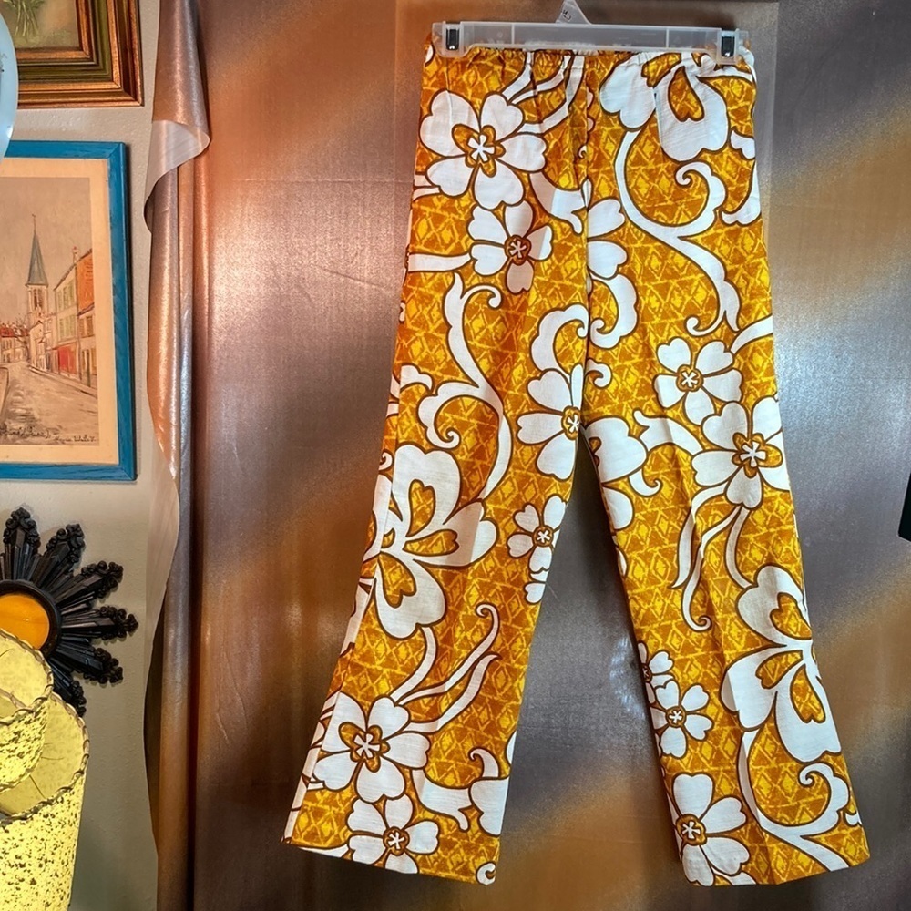 Vintage 60’s petite or tween wide leg barkcloth pants 116 9-14” waist 22” inseam - Picture 1 of 4